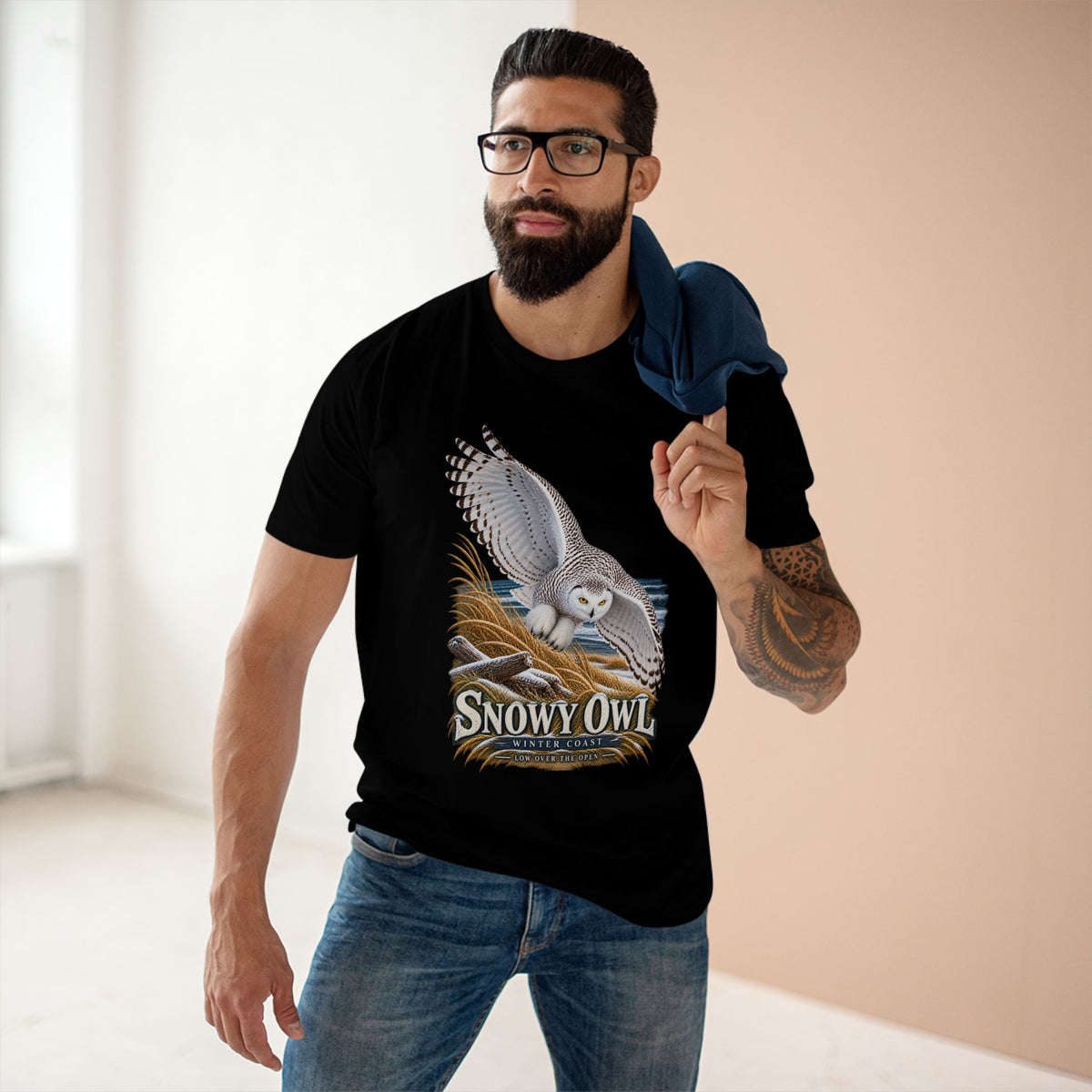 Snowy Owl Birding T-Shirt - Winter Coast Wildlife Graphic Tee, Bubo scandiacus.