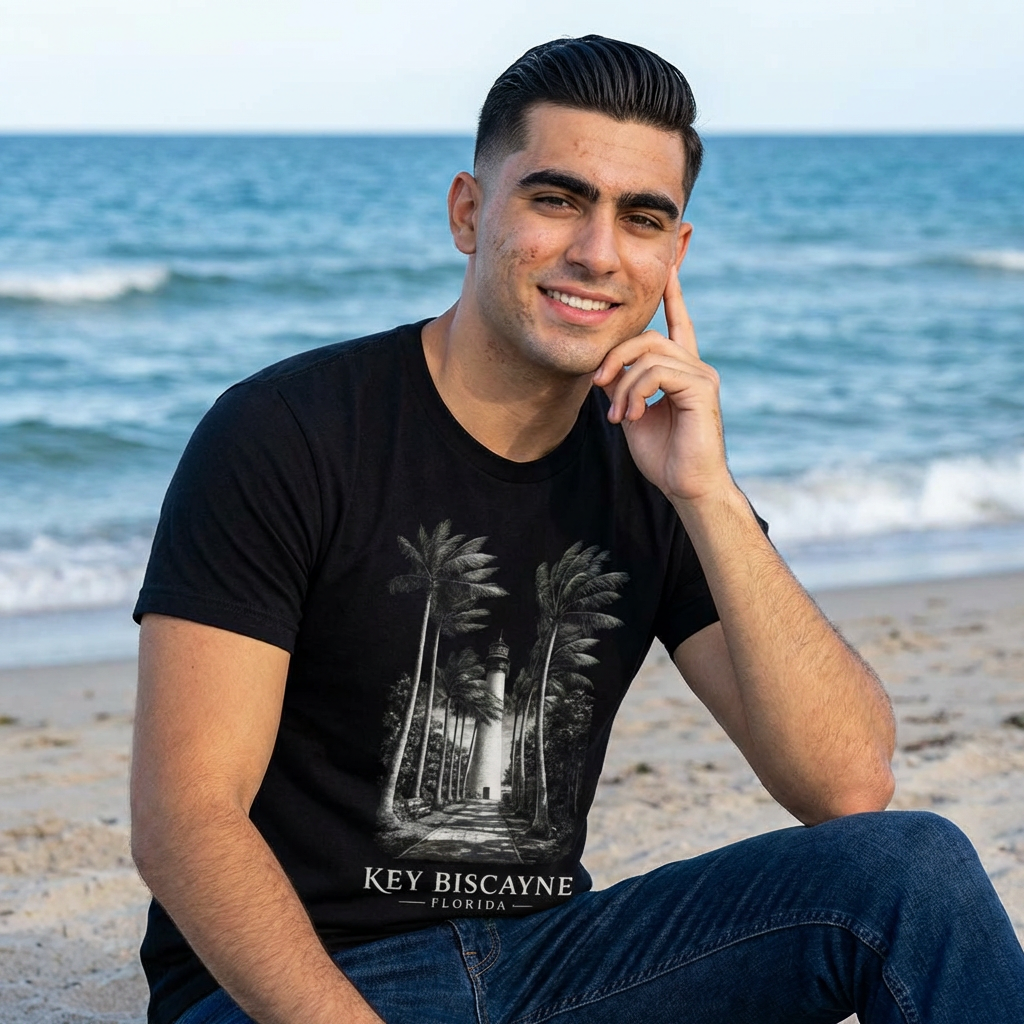 Key Biscayne Florida Luxury Lighthouse Shirt, AS Colour 5001 Premium Tee, Cape Florida Coastal Graphic, Minimalist Beach Palm Design.