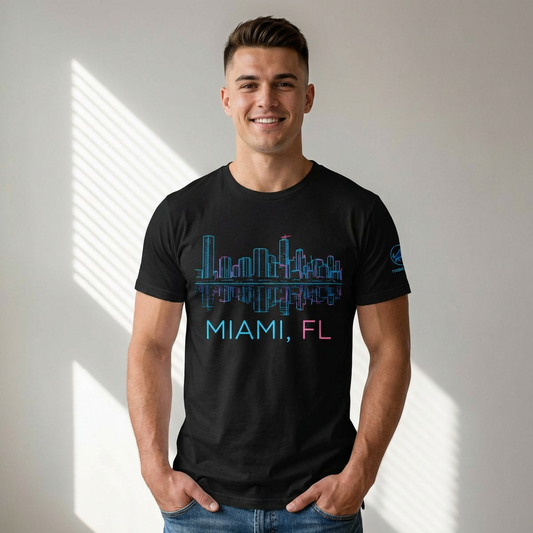 Miami Skyline Shirt Neon Outline - Miami FL Shirt | Biscayne Bay Miami Tee | Florida Streetwear Shirt - Premium Miami Graphic Tee.