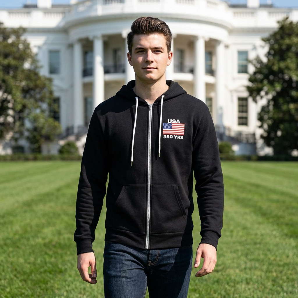 USA 250 YRS Embroidered Full Zip Hoodie, Patriotic Flag Zip Up Jacket, 4th of July Black Hoodie, America 250 Year Hoodie.