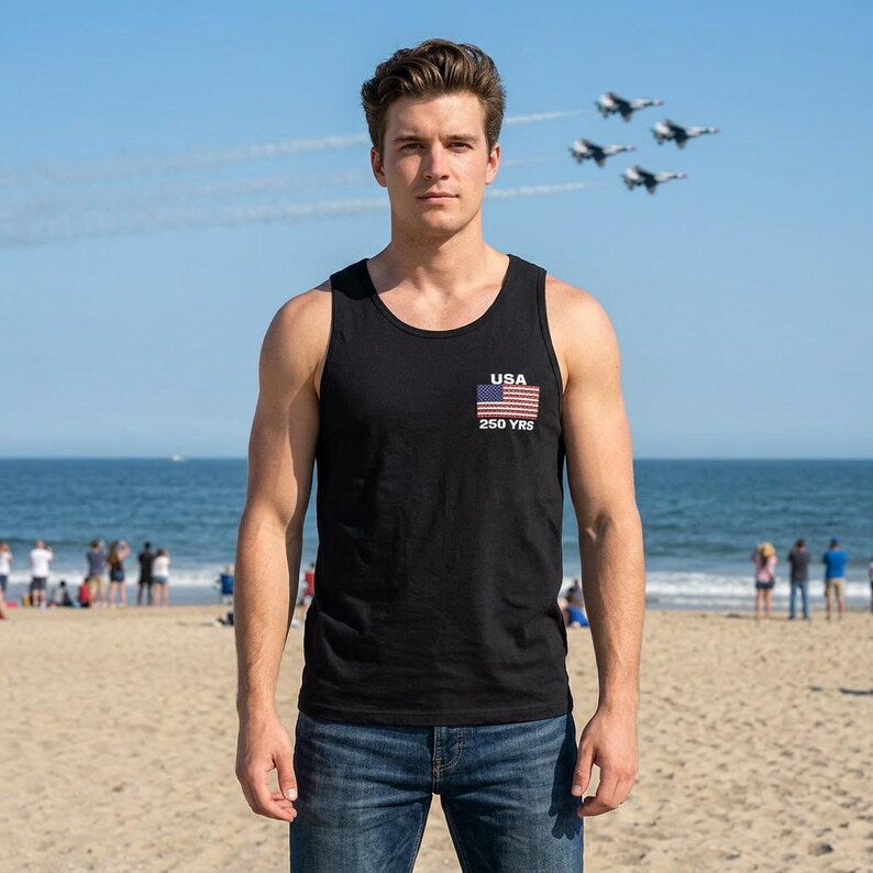 USA 250 Years Premium Embroidered Tank Top Shirt | Patriotic American Flag | 1776-2026 USA Anniversary Tank.