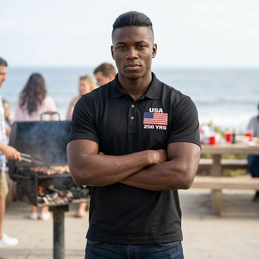 USA 250 Years Embroidered Polo Shirt | Patriotic American Flag Golf Polo | Black Classic USA Anniversary Shirt - Mercer + Mettle Performance