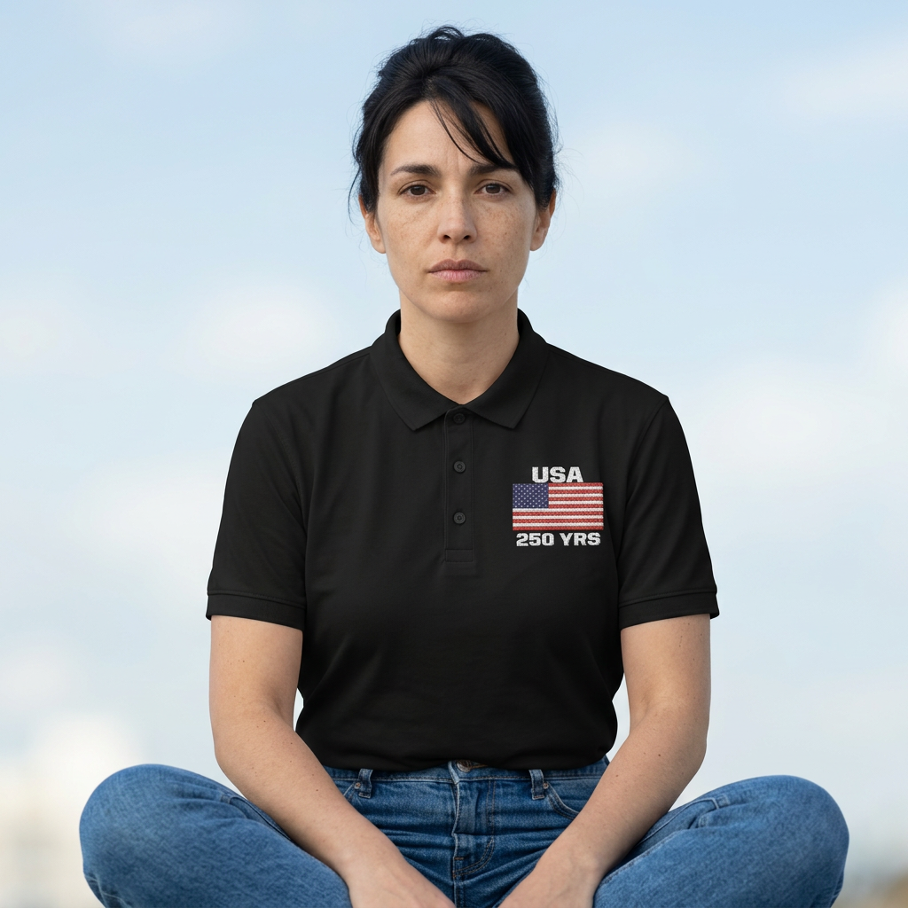 USA 250 Years Embroidered Polo Shirt | Patriotic American Flag Golf Polo | Black Classic USA Anniversary Shirt - Mercer + Mettle Performance