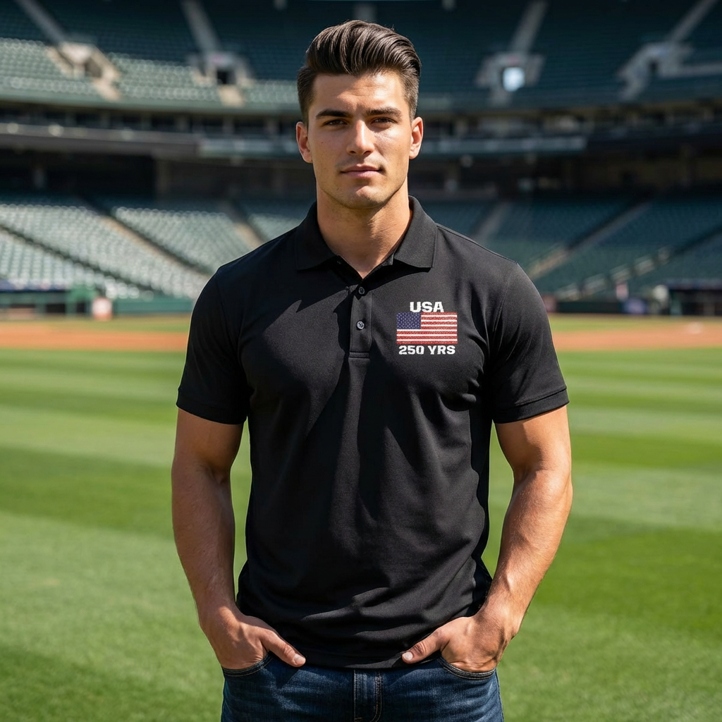 USA 250 Years Embroidered Polo Shirt | Patriotic American Flag Golf Polo | Black Classic USA Anniversary Shirt - Mercer + Mettle Performance