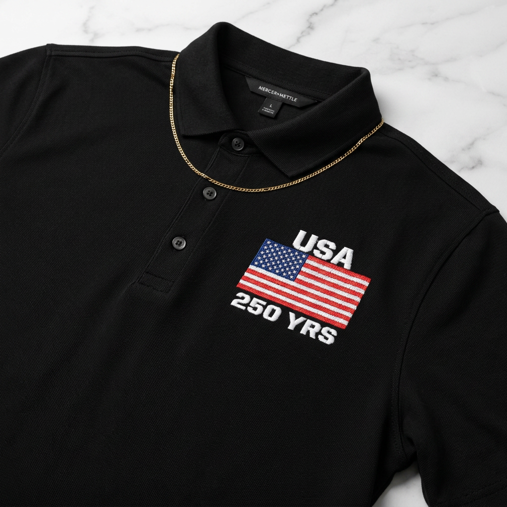 USA 250 Years Embroidered Polo Shirt | Patriotic American Flag Golf Polo | Black Classic USA Anniversary Shirt - Mercer + Mettle Performance