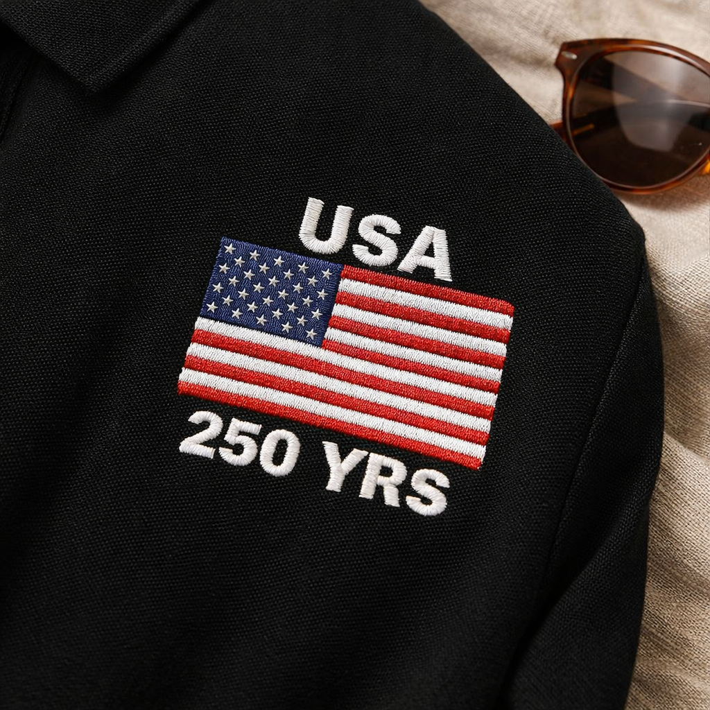 USA 250 Years Embroidered Polo Shirt | Patriotic American Flag Golf Polo | Black Classic USA Anniversary Shirt - Mercer + Mettle Performance