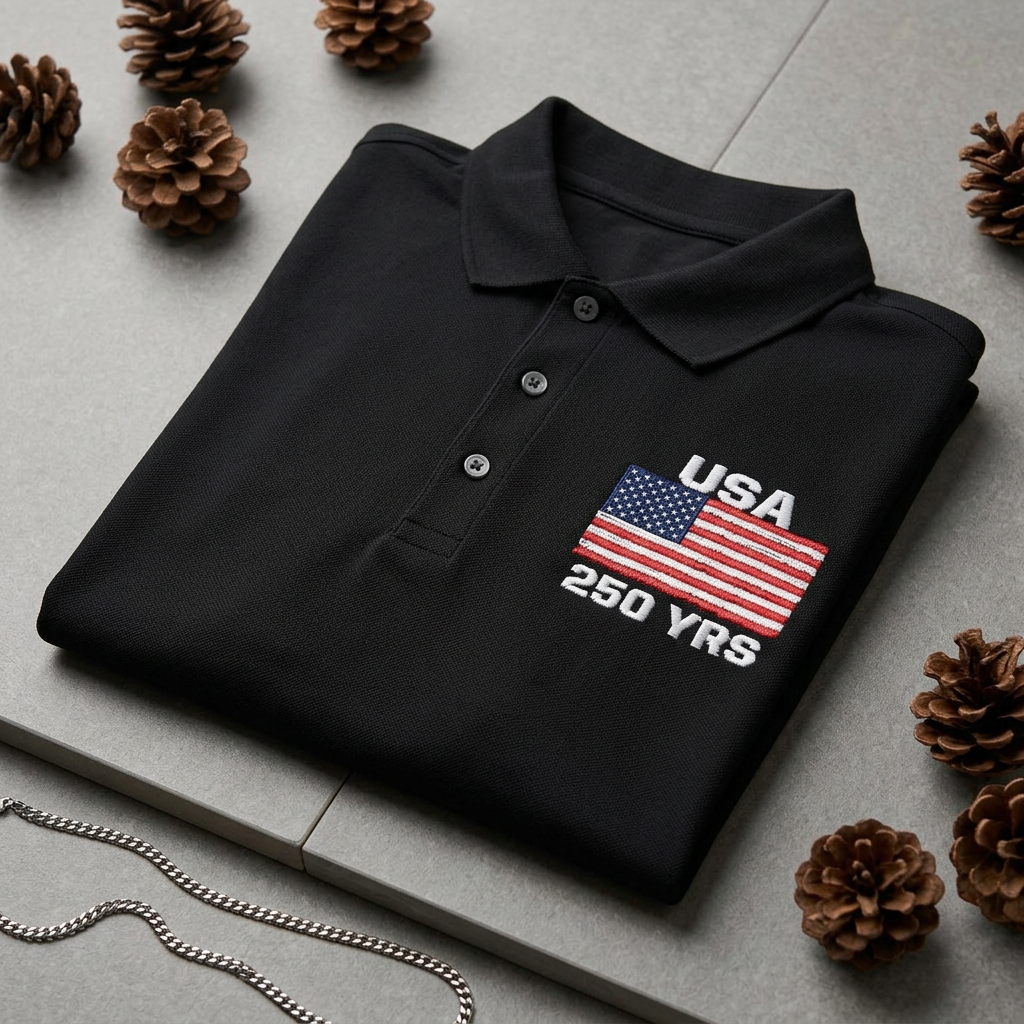 USA 250 Years Embroidered Polo Shirt | Patriotic American Flag Golf Polo | Black Classic USA Anniversary Shirt - Mercer + Mettle Performance