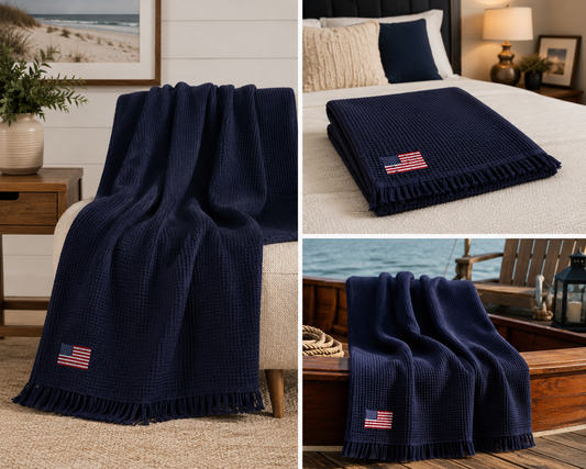 USA Premium Navy Throw Blanket - America Premium Waffle Throw - Embroidered USA Flag Cotton Blanket - Luxury Americana Home Decor