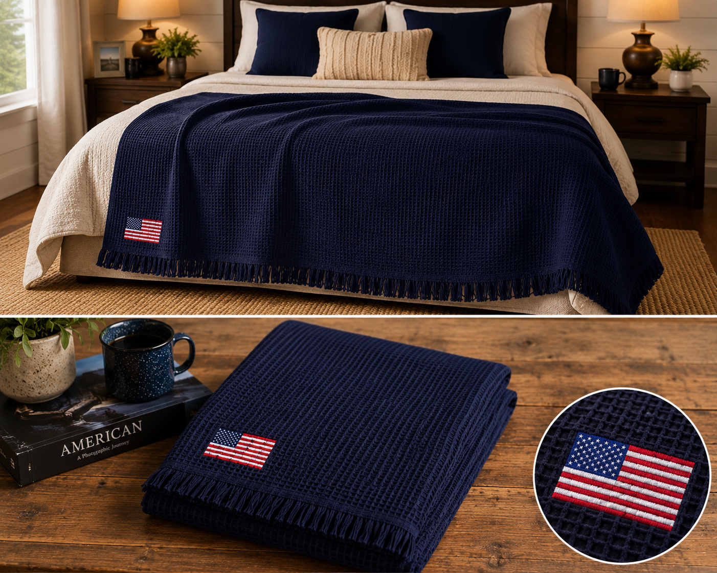 USA Premium Navy Throw Blanket - America Premium Waffle Throw - Embroidered USA Flag Cotton Blanket - Luxury Americana Home Decor