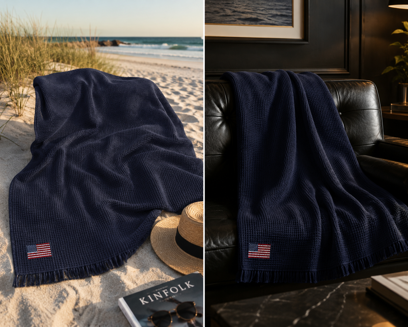 USA Premium Navy Throw Blanket - America Premium Waffle Throw - Embroidered USA Flag Cotton Blanket - Luxury Americana Home Decor