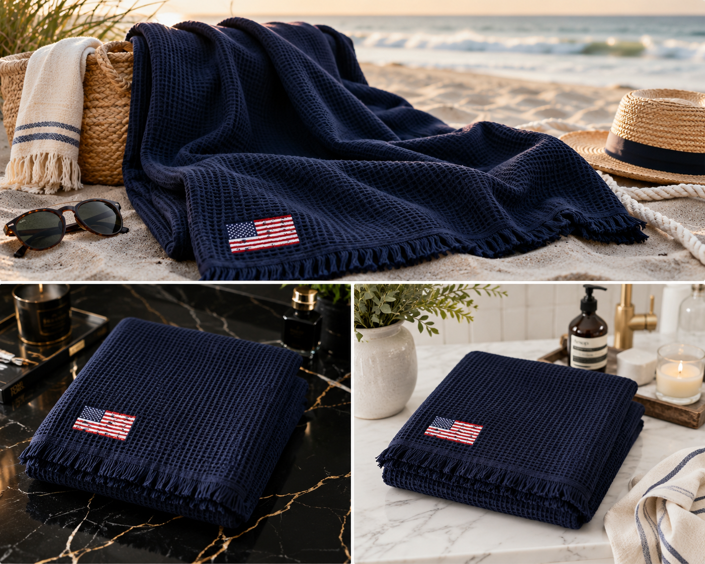 USA Premium Navy Throw Blanket - America Premium Waffle Throw - Embroidered USA Flag Cotton Blanket - Luxury Americana Home Decor