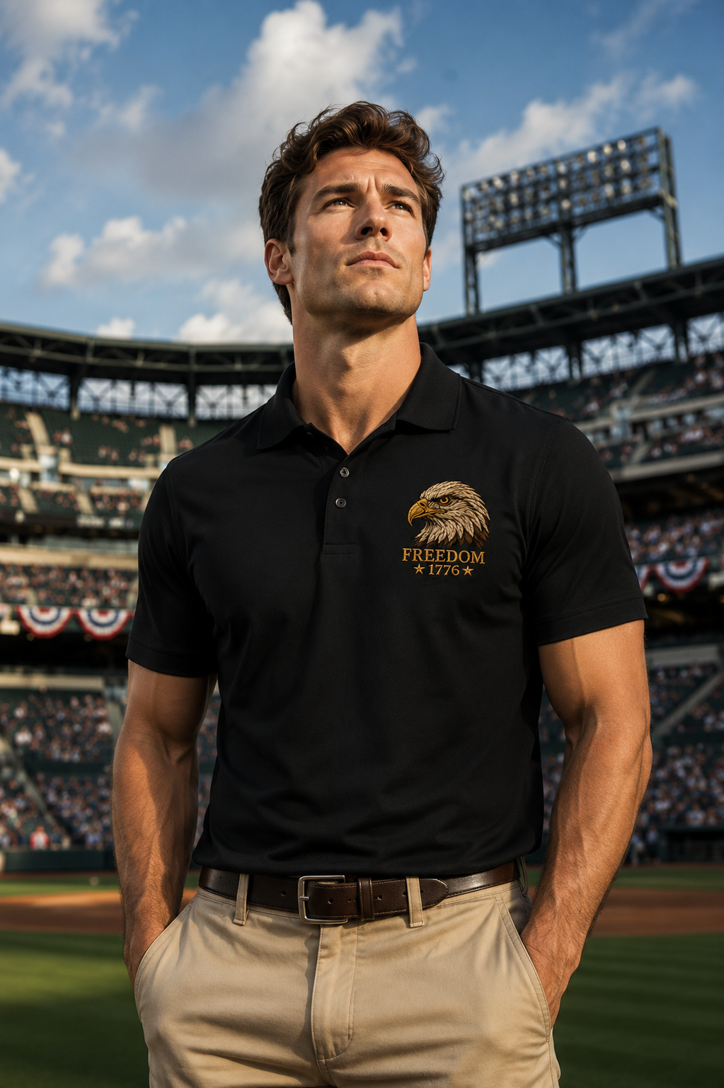 Freedom Eagle 1776 Embroidered Polo Shirt | USA Patriotic Performance Polo | Premium Mercer+Mettle Golf Polo Embroidery - Black Polo.