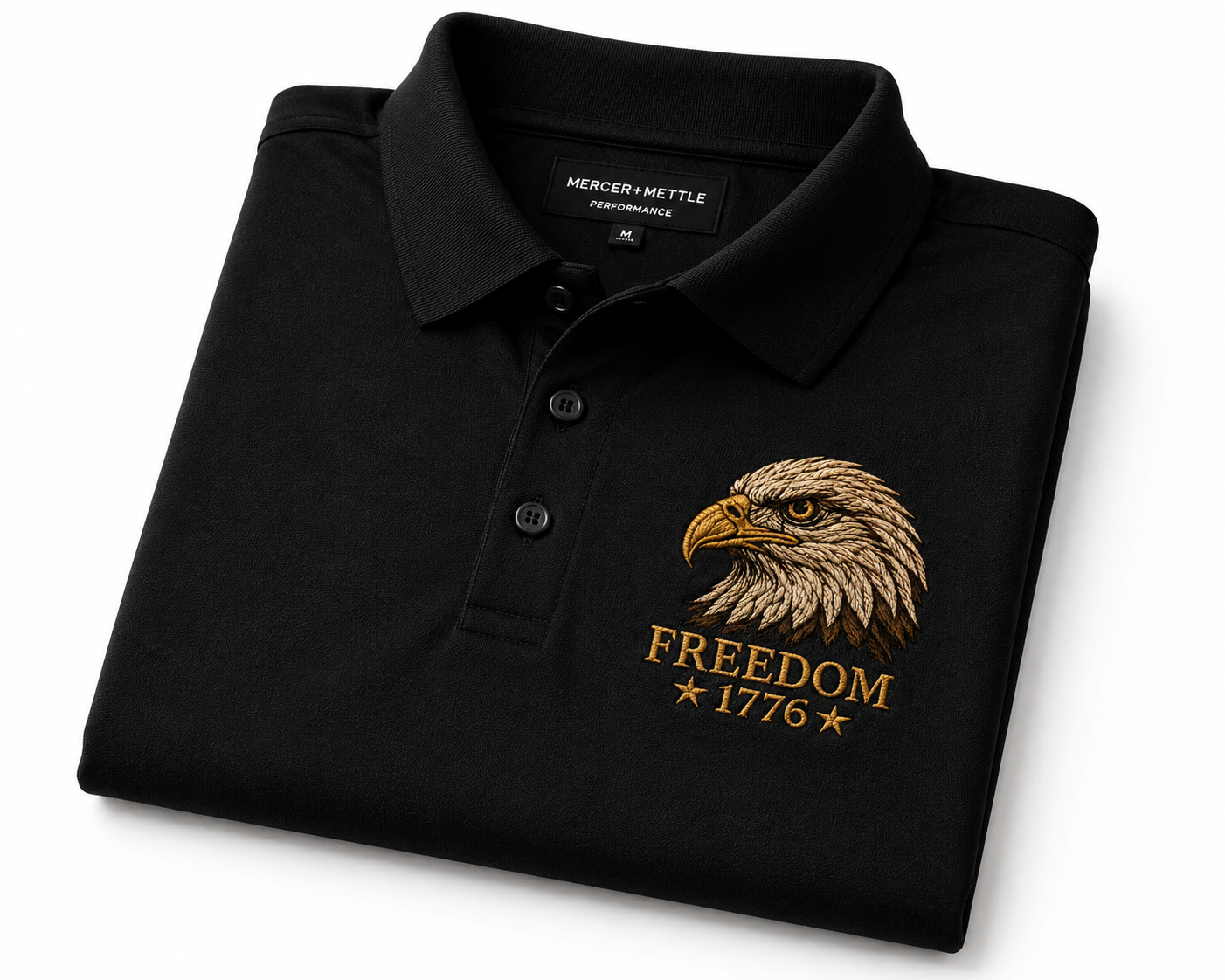 Freedom Eagle 1776 Embroidered Polo Shirt | USA Patriotic Performance Polo | Premium Mercer+Mettle Golf Polo Embroidery - Black Polo.