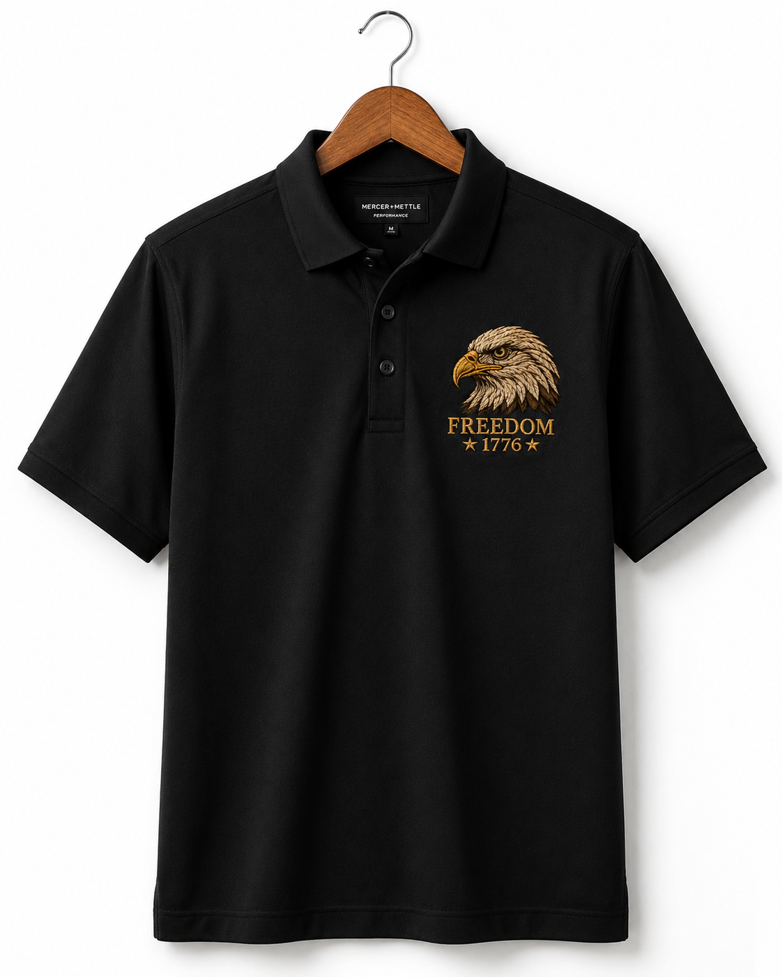 Freedom Eagle 1776 Embroidered Polo Shirt | USA Patriotic Performance Polo | Premium Mercer+Mettle Golf Polo Embroidery - Black Polo.