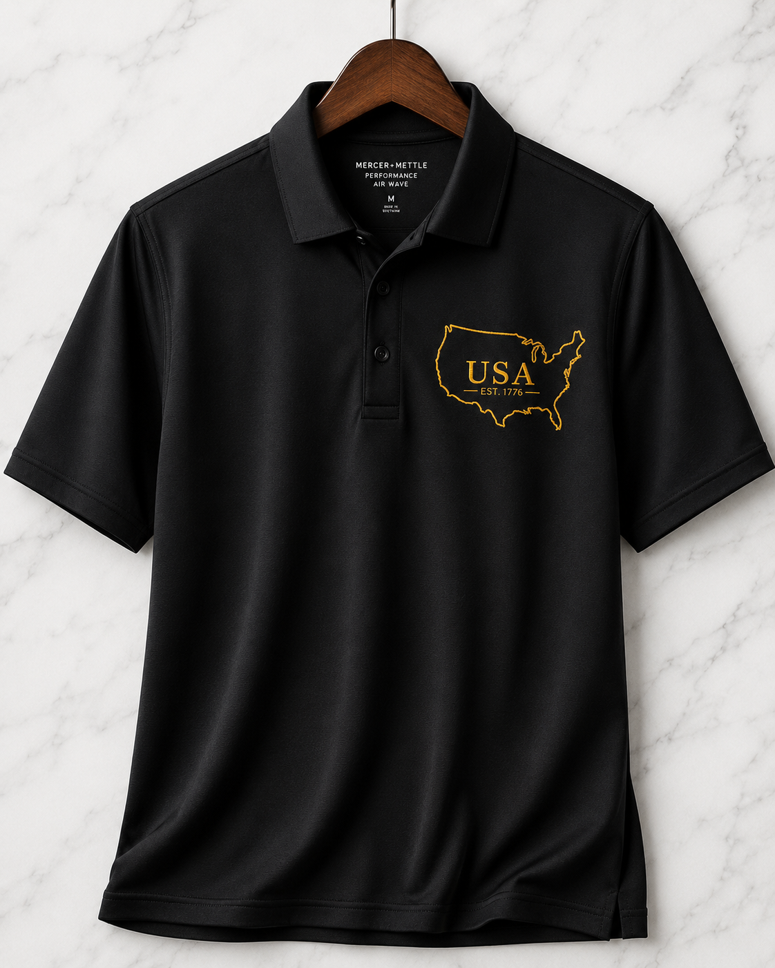 Premium USA Embroidered Polo Shirt | Gold USA Map Outline | EST. 1776 Patriotic Golf Polo | American Heritage Performance Polo.