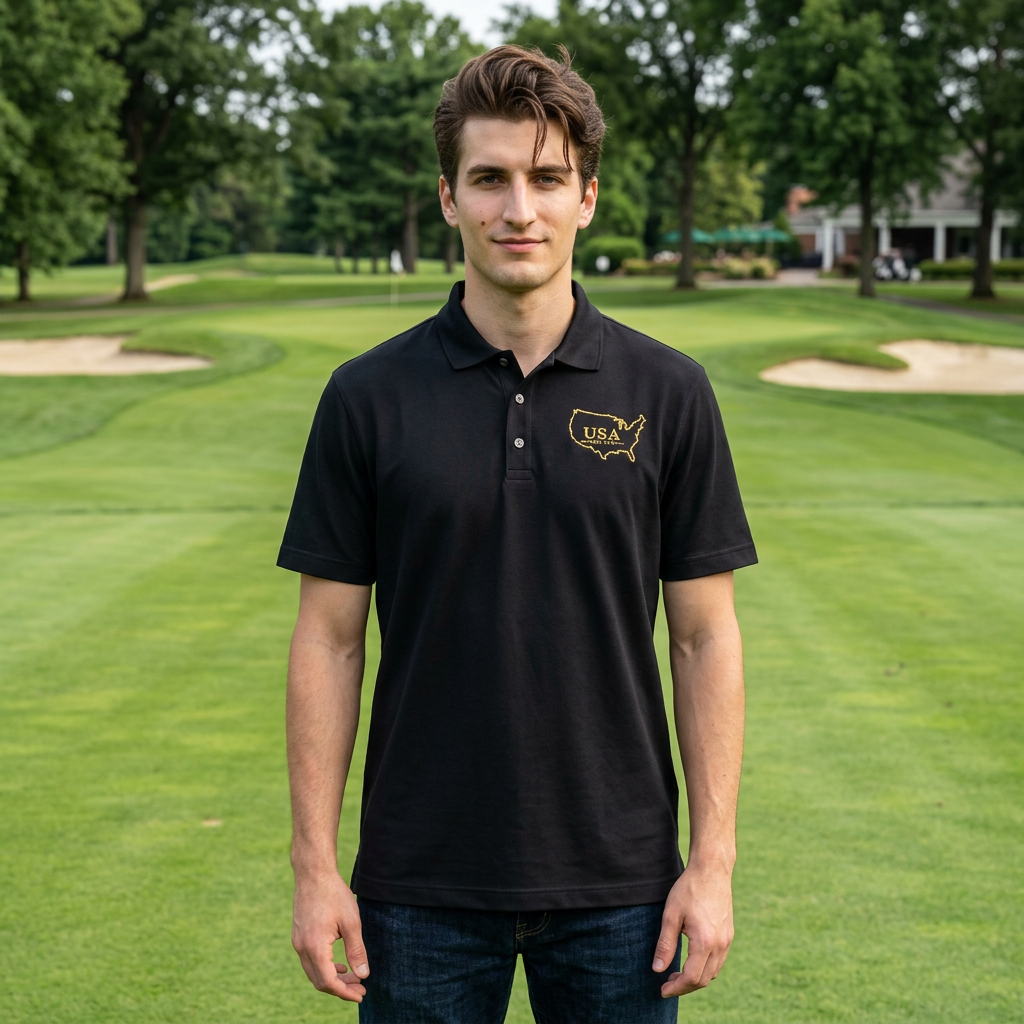 Premium USA Embroidered Polo Shirt | Gold USA Map Outline | EST. 1776 Patriotic Golf Polo | American Heritage Performance Polo.