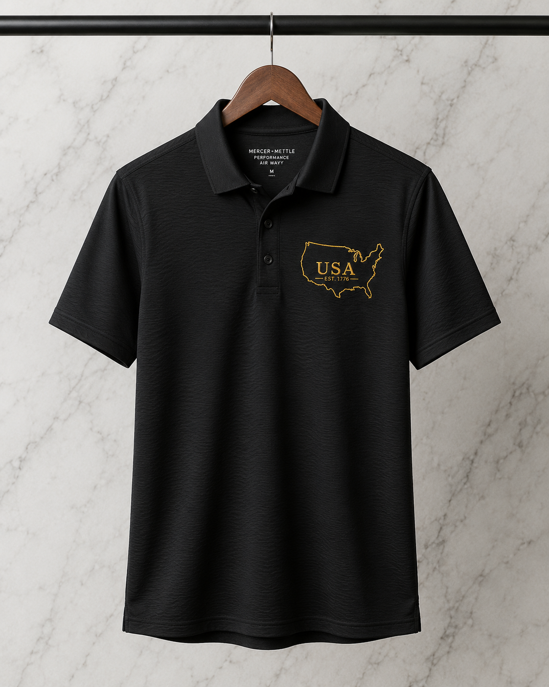 Premium USA Embroidered Polo Shirt | Gold USA Map Outline | EST. 1776 Patriotic Golf Polo | American Heritage Performance Polo.