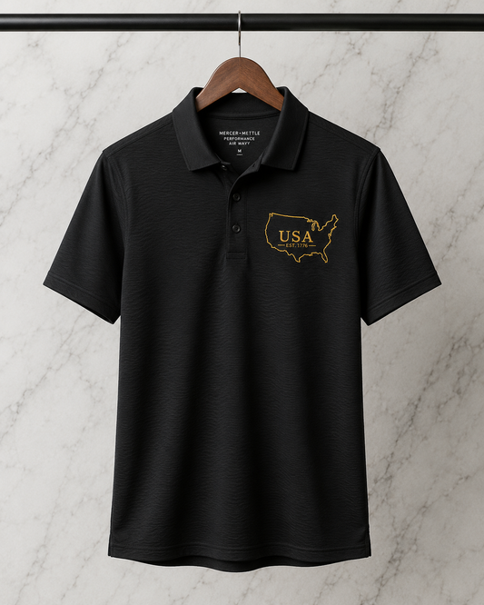 Premium USA Embroidered Polo Shirt | Gold USA Map Outline | EST. 1776 Patriotic Golf Polo | American Heritage Performance Polo.