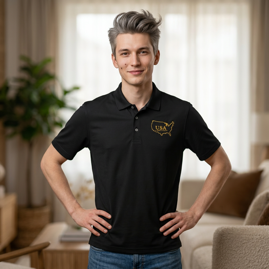 Premium USA Embroidered Polo Shirt | Gold USA Map Outline | EST. 1776 Patriotic Golf Polo | American Heritage Performance Polo.