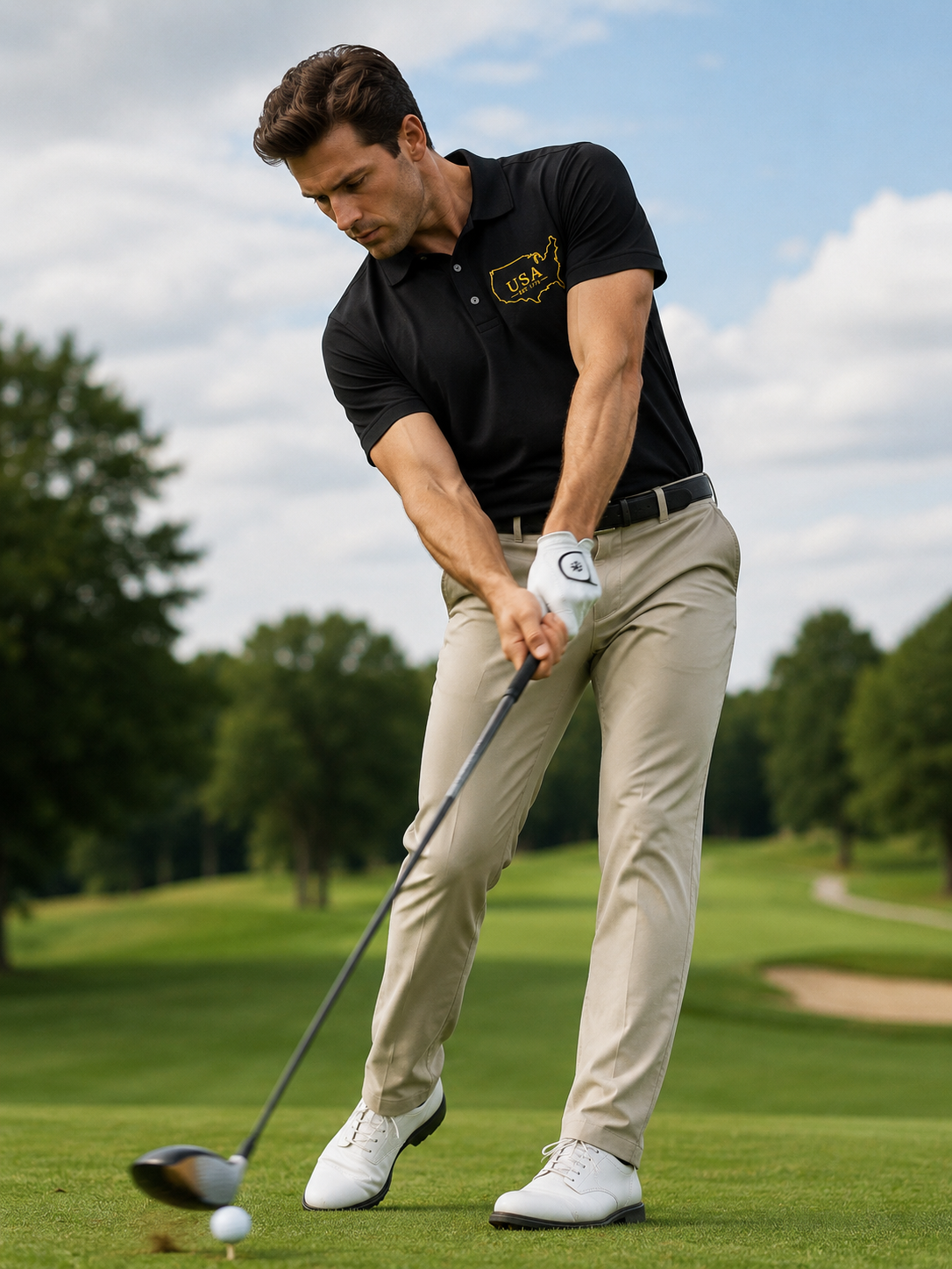 Premium USA Embroidered Polo Shirt | Gold USA Map Outline | EST. 1776 Patriotic Golf Polo | American Heritage Performance Polo.