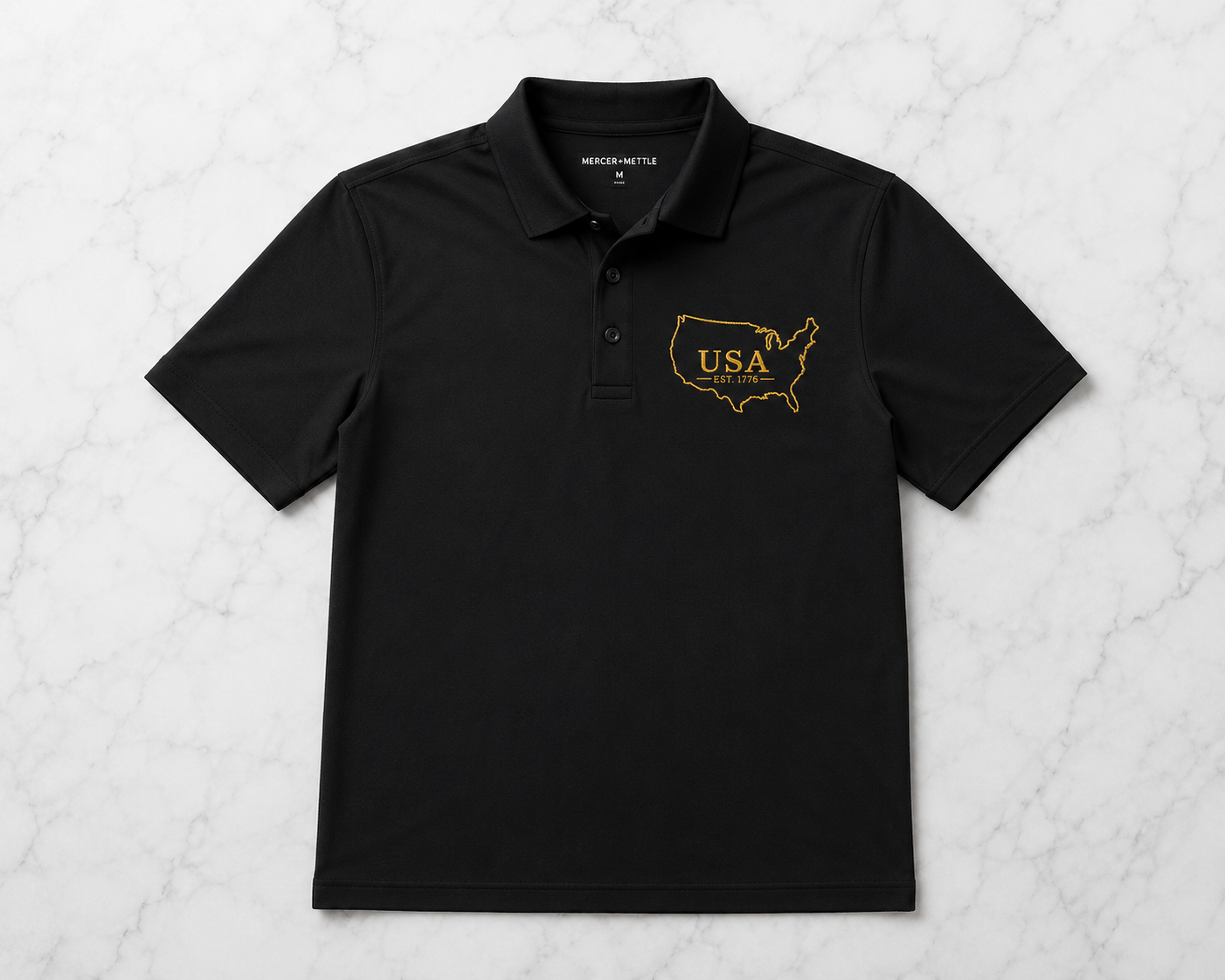 Premium USA Embroidered Polo Shirt | Gold USA Map Outline | EST. 1776 Patriotic Golf Polo | American Heritage Performance Polo.