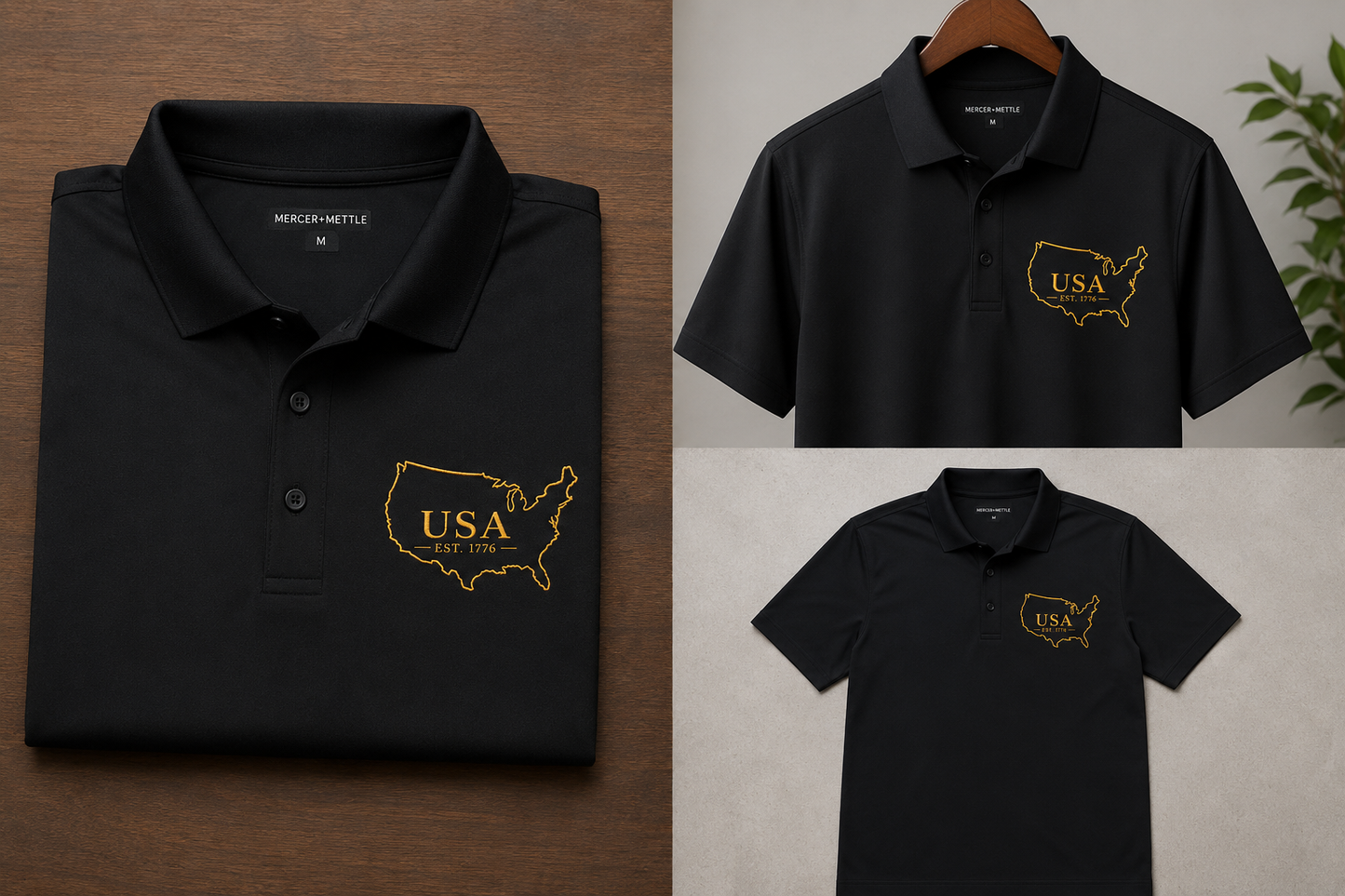 Premium USA Embroidered Polo Shirt | Gold USA Map Outline | EST. 1776 Patriotic Golf Polo | American Heritage Performance Polo.