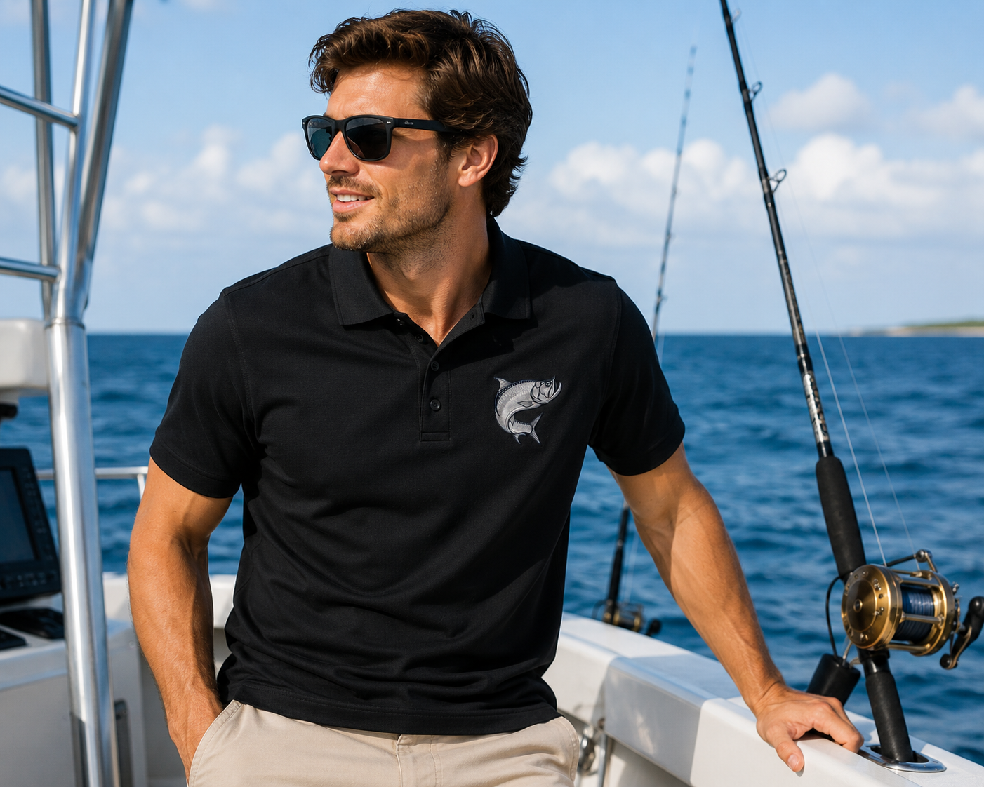 Atlantic Tarpon Premium Embroidered Polo Mercer+Mettle Luxury Coastal Golf Shirt.