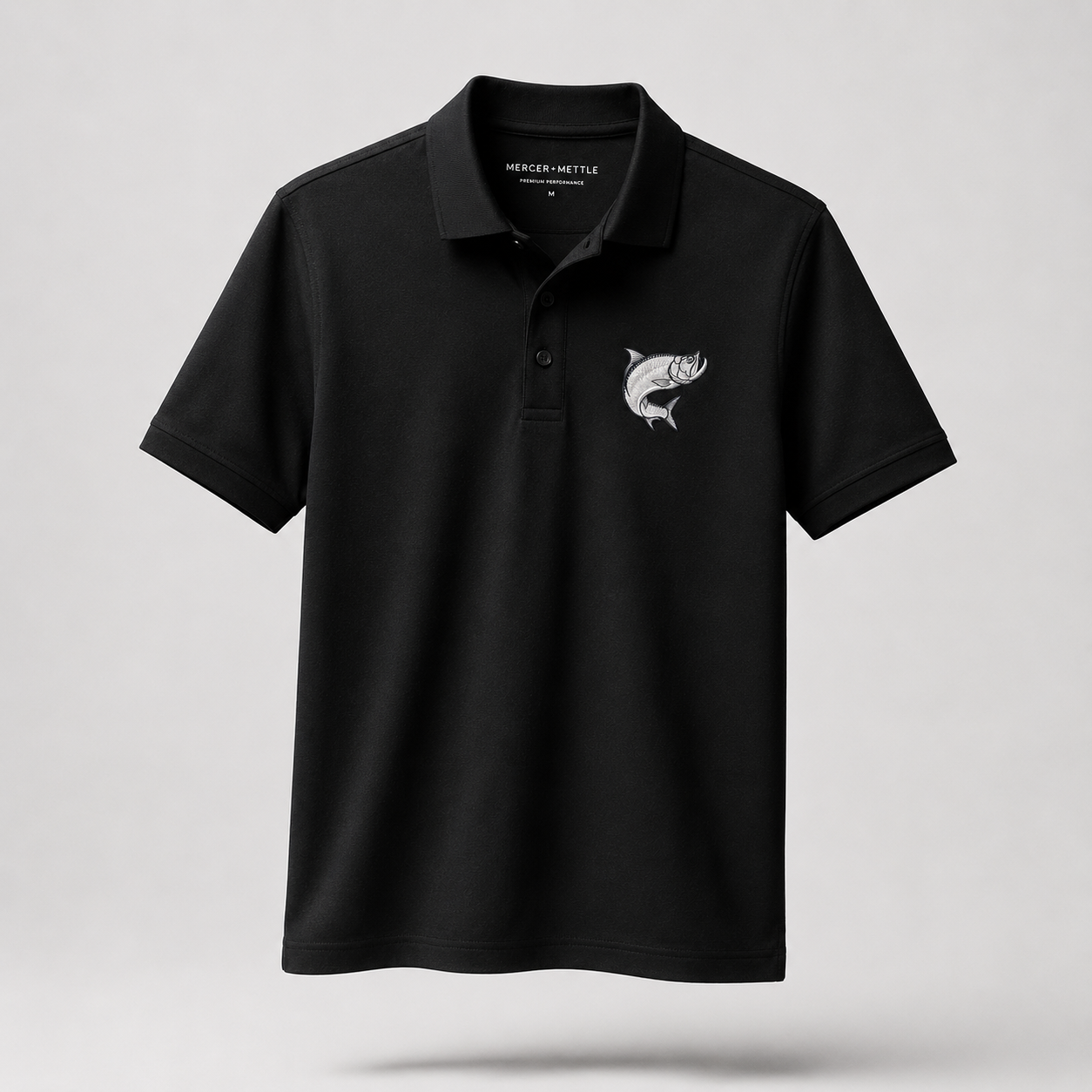 Atlantic Tarpon Premium Embroidered Polo Mercer+Mettle Luxury Coastal Golf Shirt.