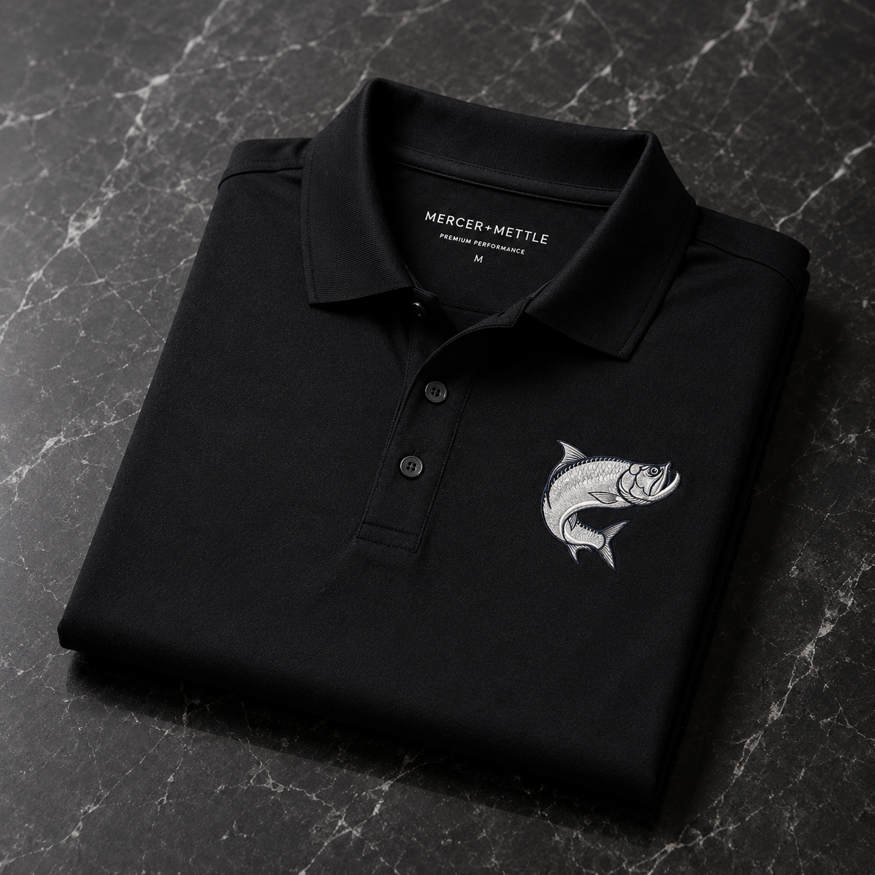 Atlantic Tarpon Premium Embroidered Polo Mercer+Mettle Luxury Coastal Golf Shirt.