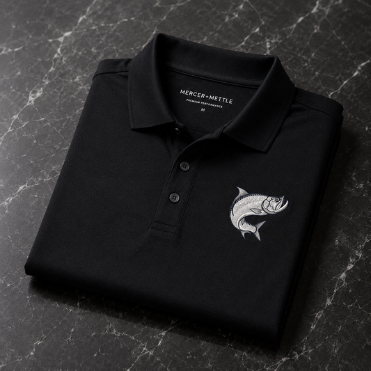 Atlantic Tarpon Premium Embroidered Polo Mercer+Mettle Luxury Coastal Golf Shirt.