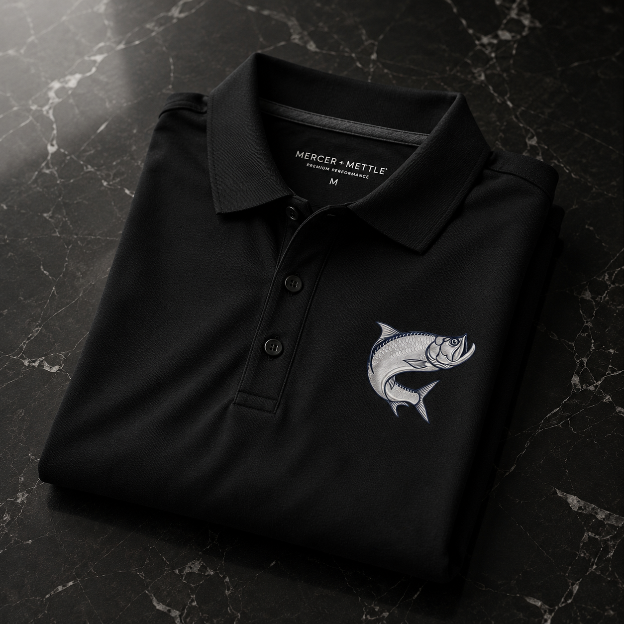 Atlantic Tarpon Premium Embroidered Polo Mercer+Mettle Luxury Coastal Golf Shirt.