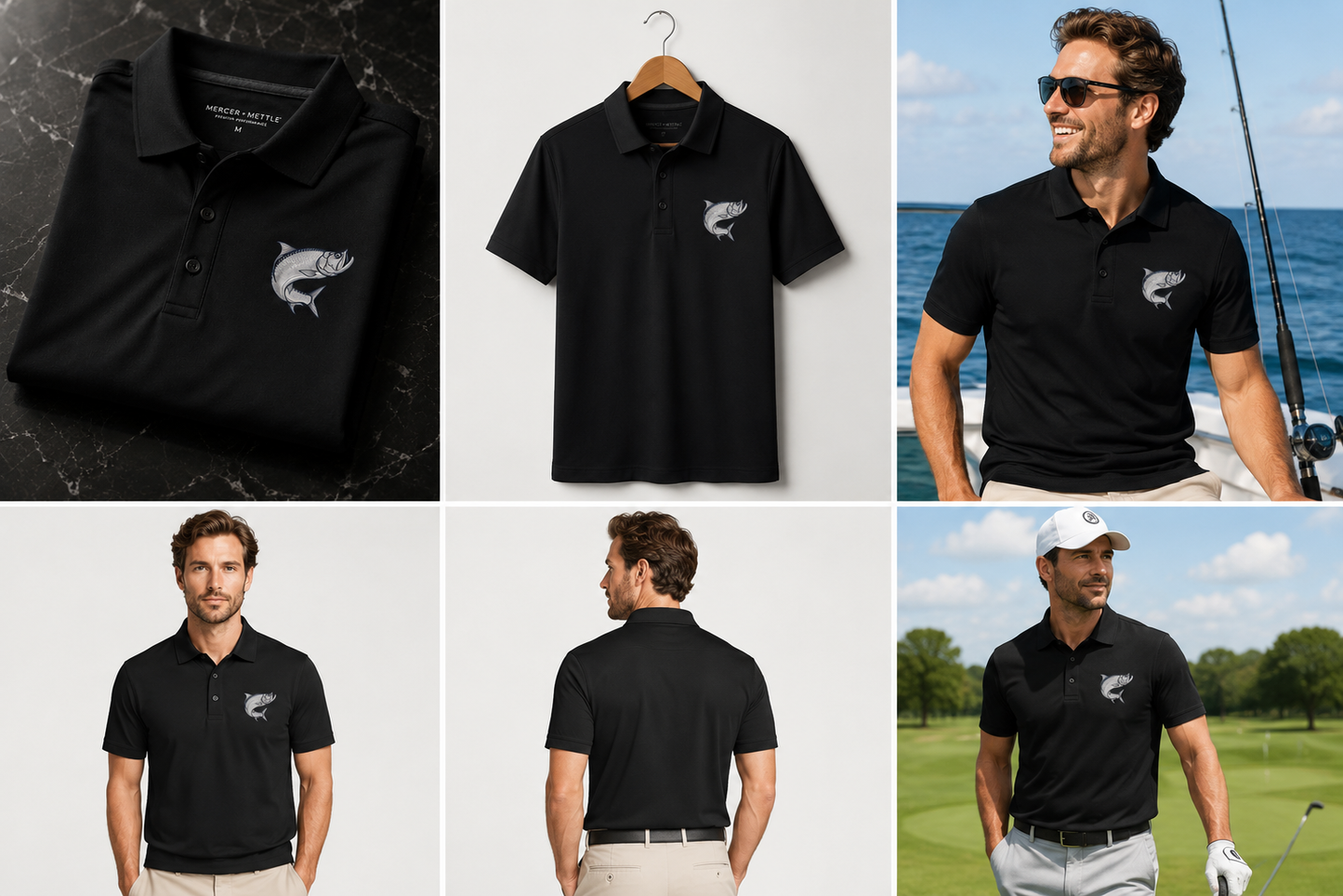 Atlantic Tarpon Premium Embroidered Polo Mercer+Mettle Luxury Coastal Golf Shirt.