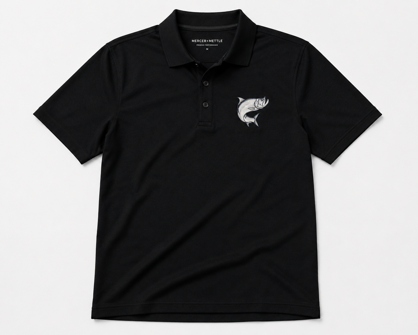 Atlantic Tarpon Premium Embroidered Polo Mercer+Mettle Luxury Coastal Golf Shirt.
