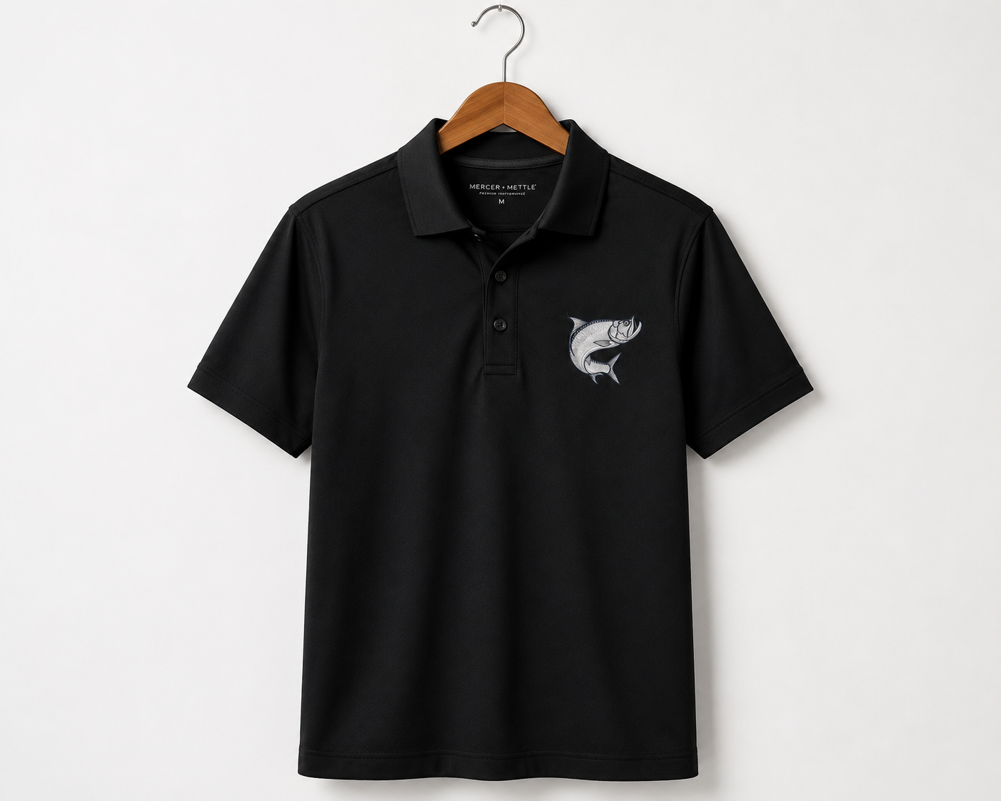 Atlantic Tarpon Premium Embroidered Polo Mercer+Mettle Luxury Coastal Golf Shirt.