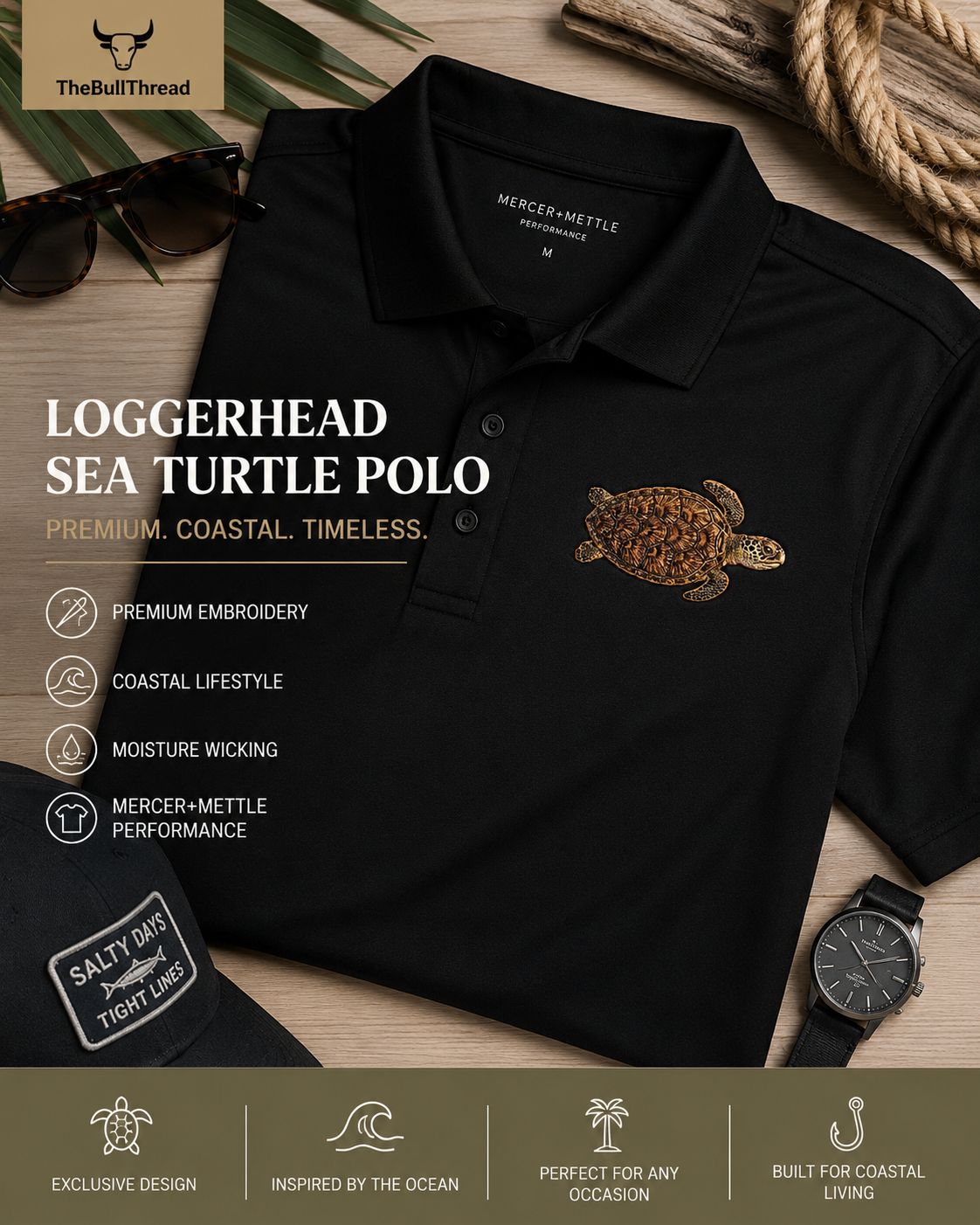 Premium Embroidered Loggerhead Sea Turtle Polo Shirt | Luxury Coastal Golf Polo Florida Ocean Lifestyle Shirt Mercer+Mettle Performance Polo.