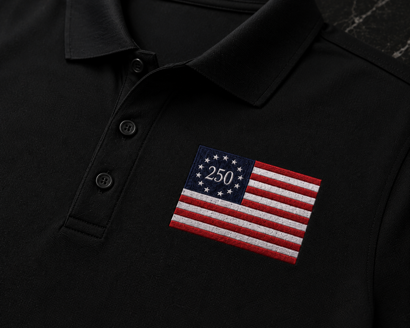 USA 250 Premium Embroidered Black Polo | Betsy Ross 13 Star Flag | Mercer+Mettle Performance Golf Shirt.