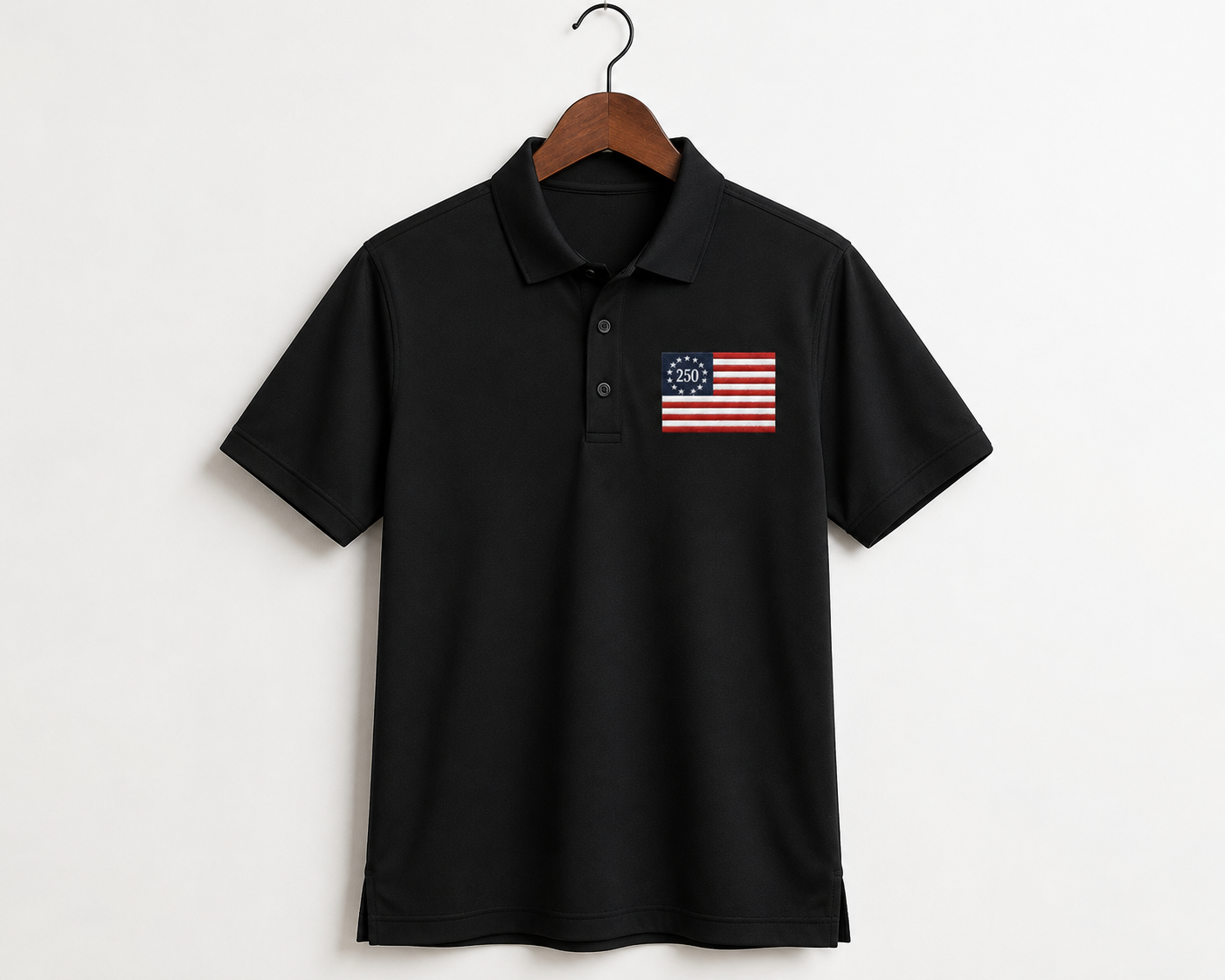 USA 250 Premium Embroidered Black Polo | Betsy Ross 13 Star Flag | Mercer+Mettle Performance Golf Shirt.