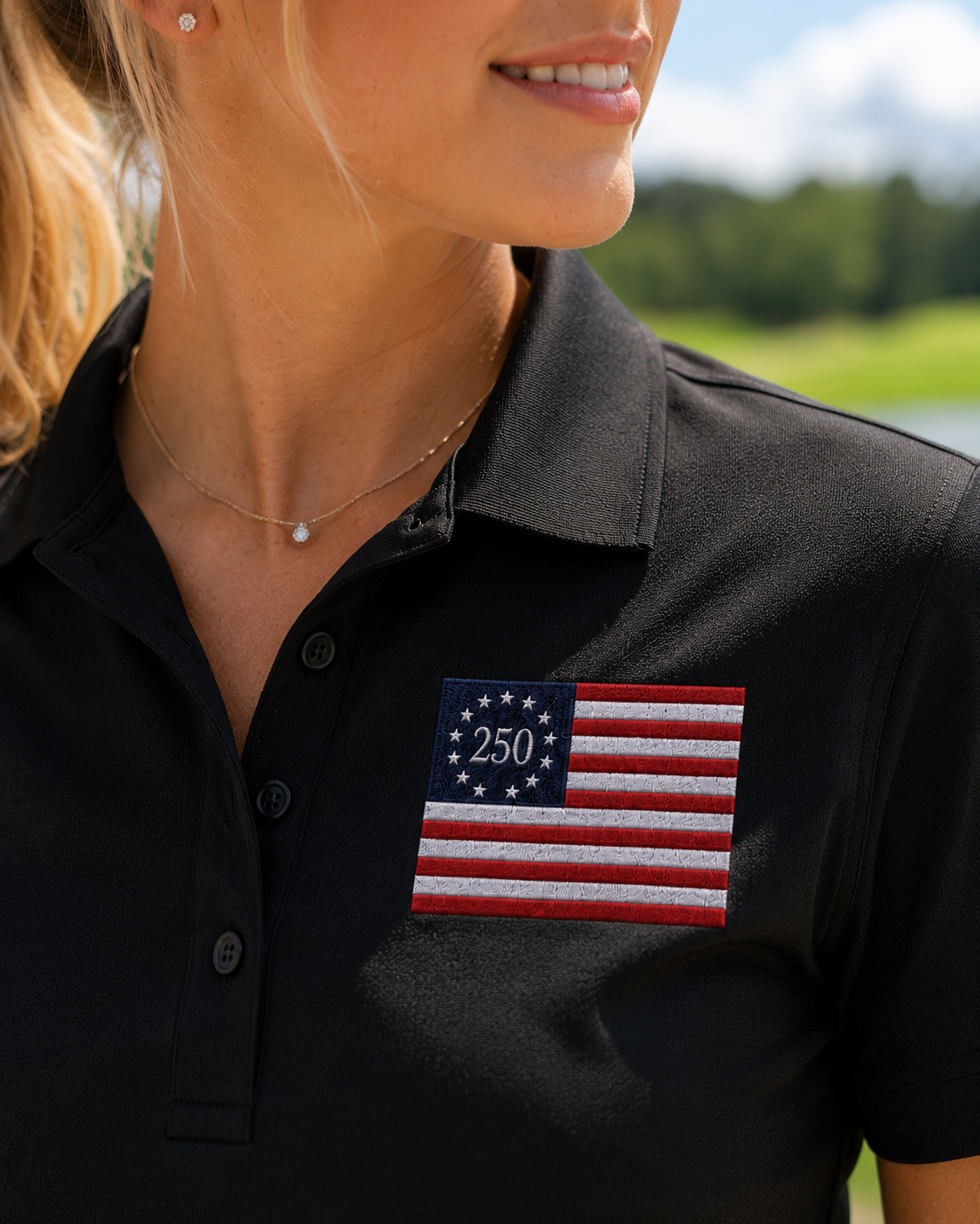 USA 250 Premium Embroidered Black Polo | Betsy Ross 13 Star Flag | Mercer+Mettle Performance Golf Shirt.