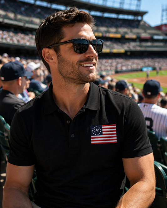 USA 250 Premium Embroidered Black Polo | Betsy Ross 13 Star Flag | Mercer+Mettle Performance Golf Shirt.