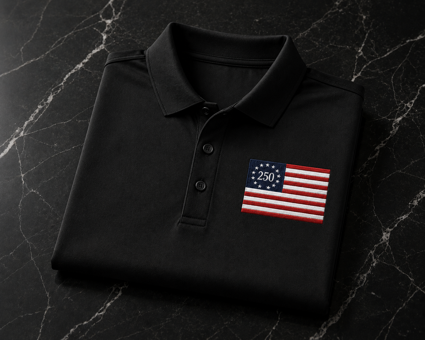 USA 250 Premium Embroidered Black Polo | Betsy Ross 13 Star Flag | Mercer+Mettle Performance Golf Shirt.