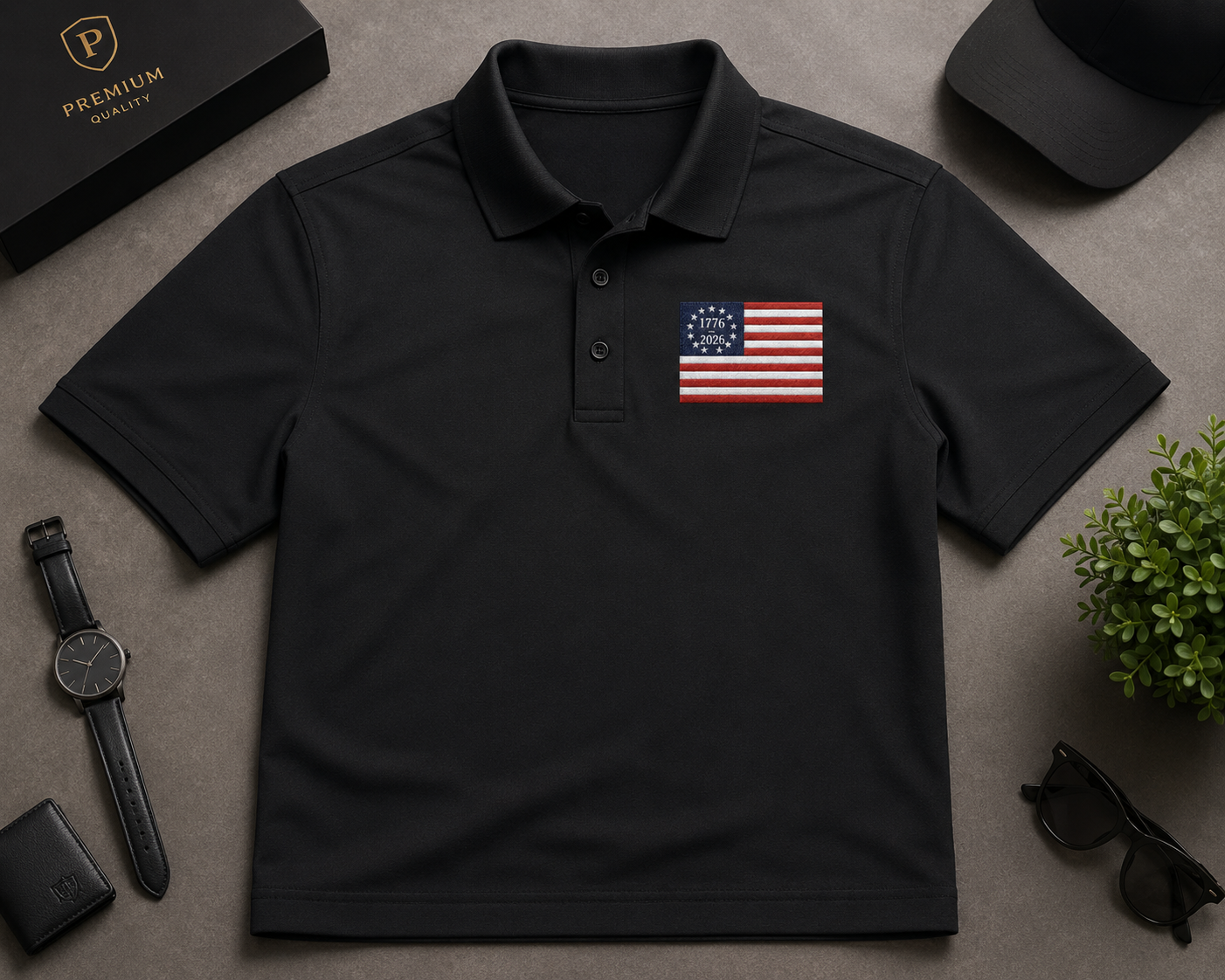 Premium USA 1776-2026 Embroidered Polo Shirt Betsy Ross American Flag Golf Polo Patriotic 250th Anniversary Black Polo.