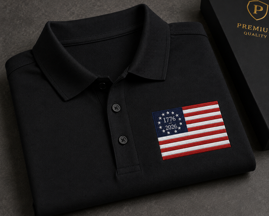 Premium USA 1776-2026 Embroidered Polo Shirt Betsy Ross American Flag Golf Polo Patriotic 250th Anniversary Black Polo.