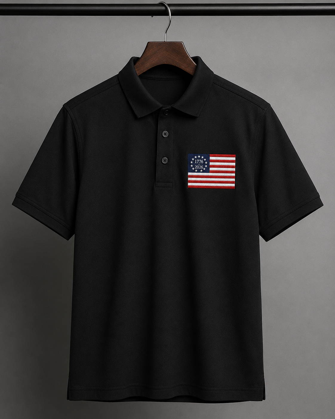 Premium USA 1776-2026 Embroidered Polo Shirt Betsy Ross American Flag Golf Polo Patriotic 250th Anniversary Black Polo.
