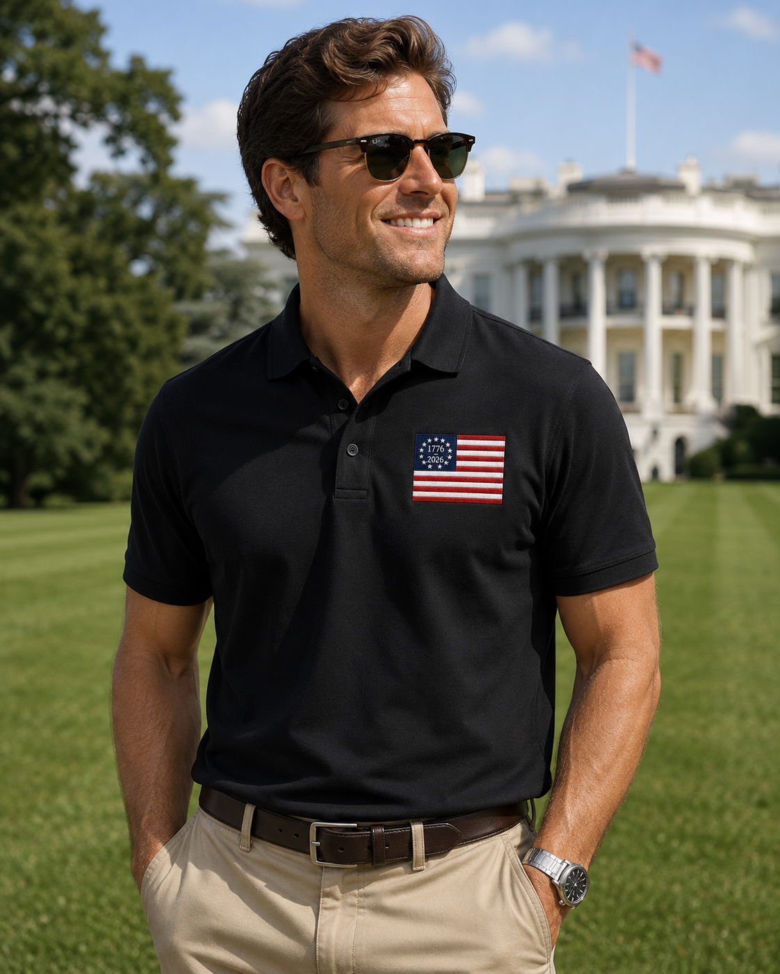 Premium USA 1776-2026 Embroidered Polo Shirt Betsy Ross American Flag Golf Polo Patriotic 250th Anniversary Black Polo.
