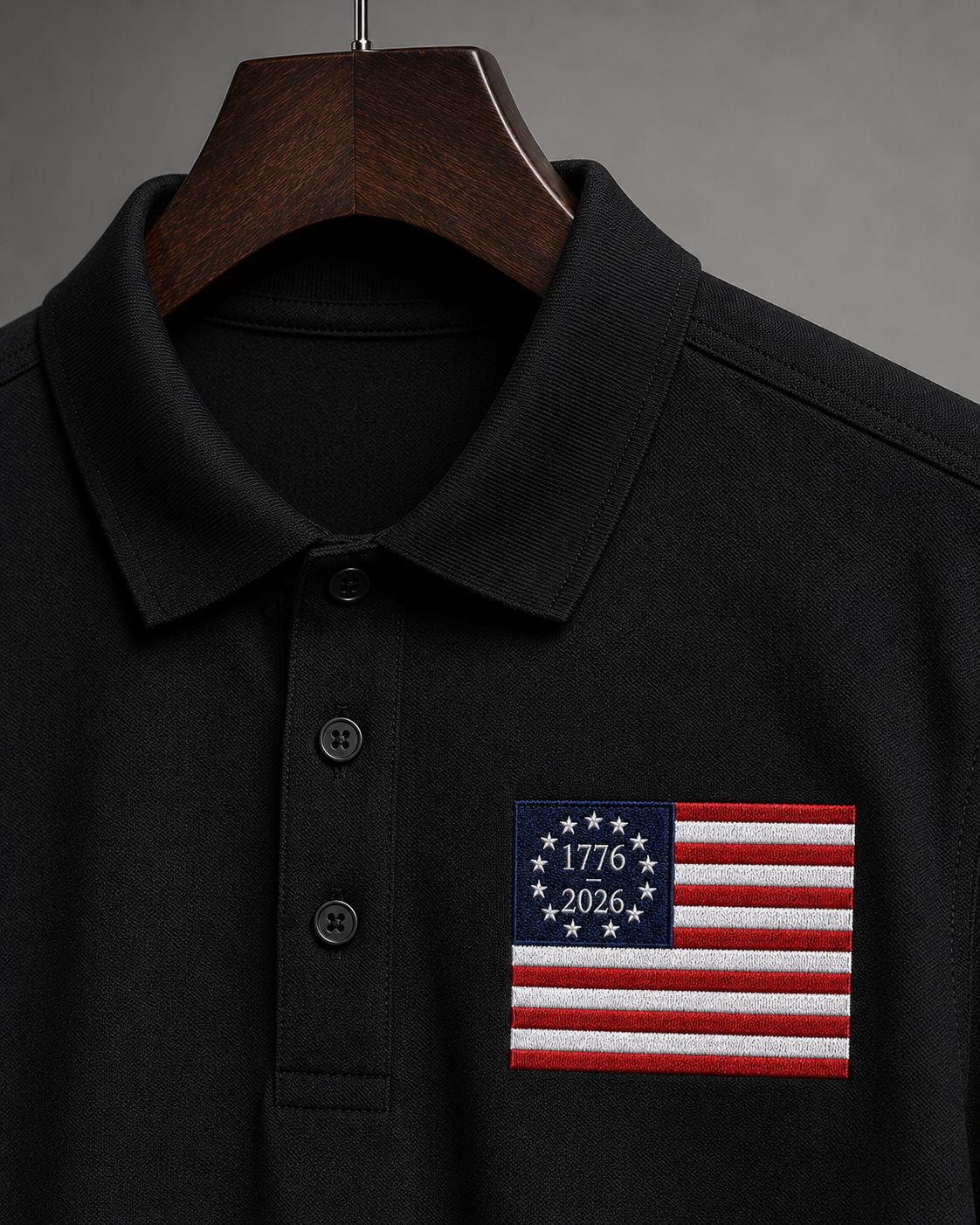 Premium USA 1776-2026 Embroidered Polo Shirt Betsy Ross American Flag Golf Polo Patriotic 250th Anniversary Black Polo.
