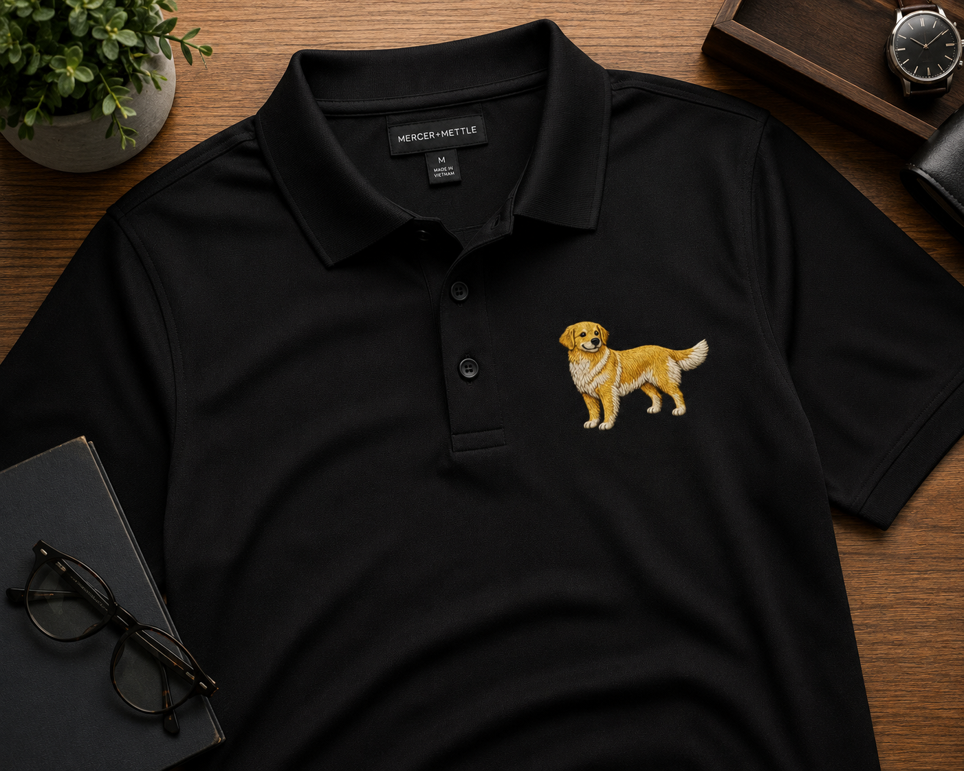 Golden Retriever Dog Premium Polo, Premium Embroidered Mercer+Mettle Polo, Golf Shirt, Dog Lover Gift, Performance Polo, Black Polo.