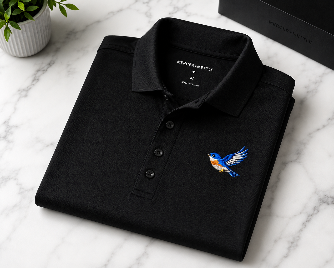 Premium Eastern Bluebird Embroidered Mercer + Mettle Performance Golf Polo Luxury Bird Lover Polo | Nature Inspired Country Club Golf Shirt.