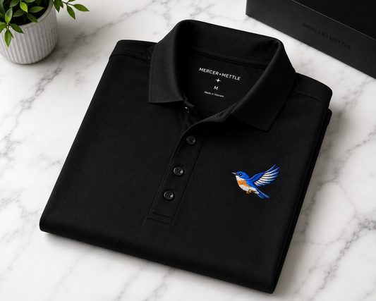 Premium Eastern Bluebird Embroidered Mercer + Mettle Performance Golf Polo Luxury Bird Lover Polo | Nature Inspired Country Club Golf Shirt.