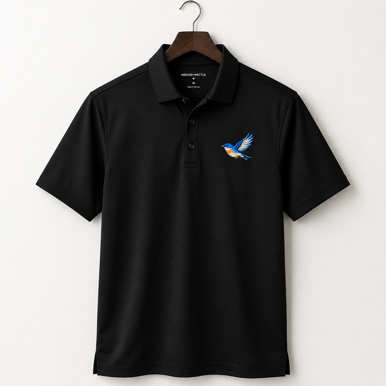 Premium Eastern Bluebird Embroidered Mercer + Mettle Performance Golf Polo Luxury Bird Lover Polo | Nature Inspired Country Club Golf Shirt.