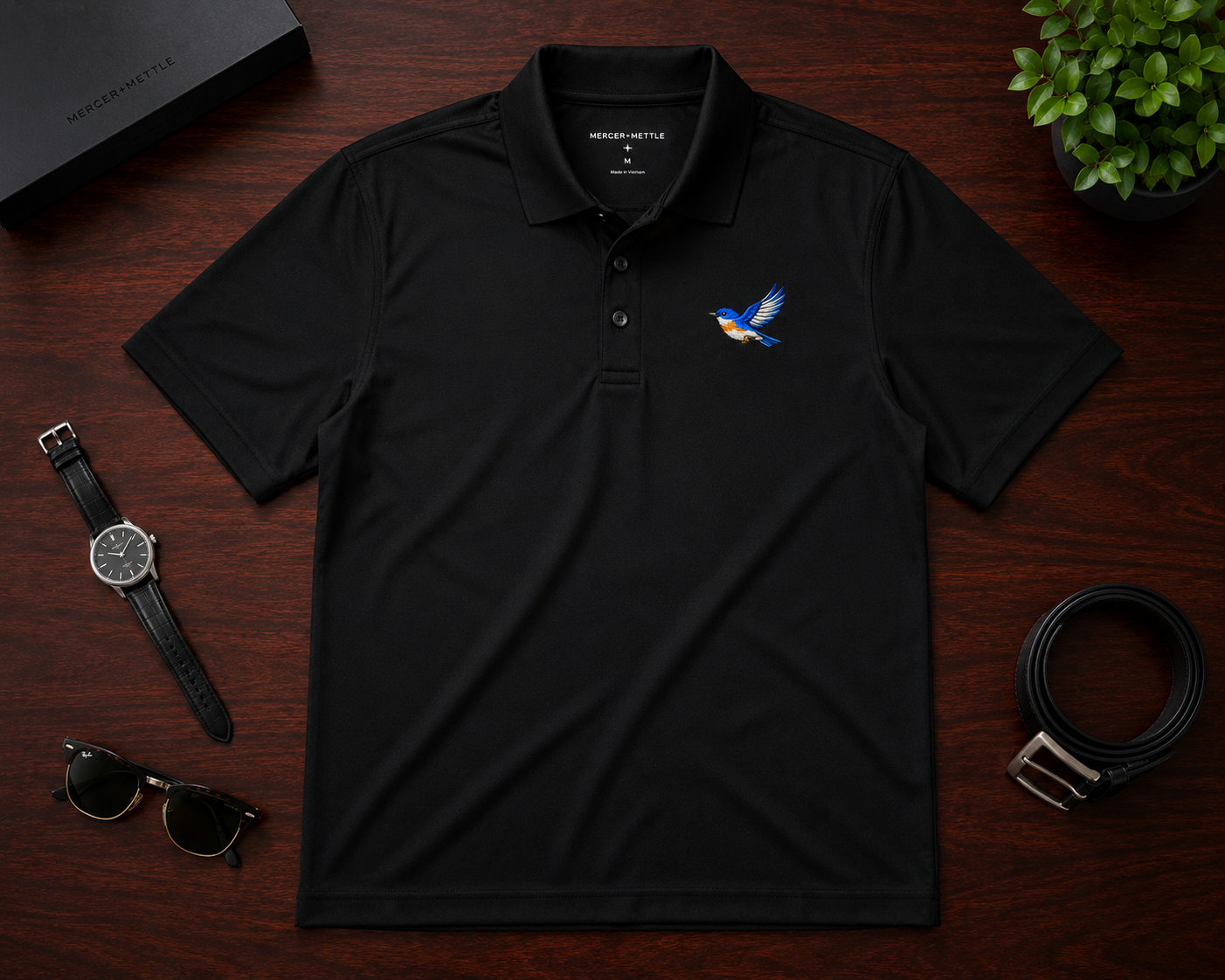 Premium Eastern Bluebird Embroidered Mercer + Mettle Performance Golf Polo Luxury Bird Lover Polo | Nature Inspired Country Club Golf Shirt.